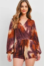 Purple and Brown Tie Dye Romper Size Medium Long Sleeve V Neck