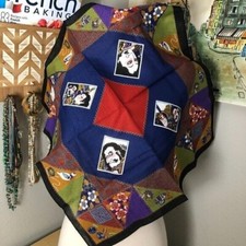 RARE Japanese Silk Scarf Geisha Sumo Lovebirds War Scenes Blue Red 21" SQ NEW