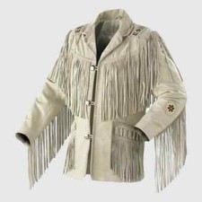 Men's Native American Western Cowboy Suede Leather Jacket Fringes  Beaded
