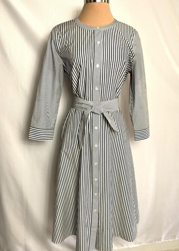 TALBOTS Size 12 Daisy Stripe Gray White Cotton Belted Shirt Dress 12