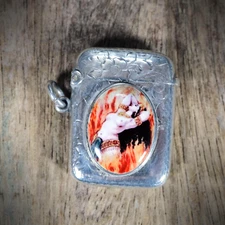 Antique Sterling Silver Vesta Case, Erotic Burlesque Style Dancer Enamel 1901