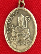 Saint BLAISE Medal Religious Catholic PRAY FOR US Flower Silvertone Medal ITALY