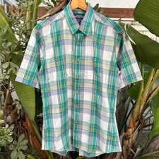 Vintage 1990s Mervyn  s Plaid Shirt M 22x29 Green Blue Taiwan ROC