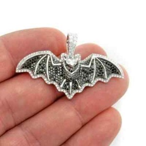 Authentic 2Ct Black and White Round Lab Created 14K White Gold Plated Flying Bat Pendant