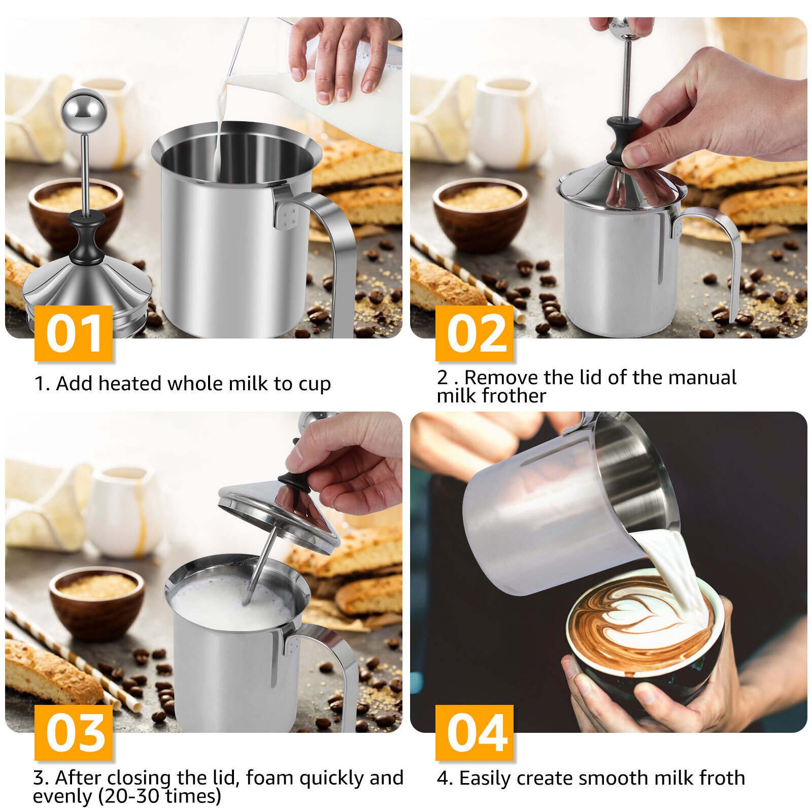 Manual Milk Frother 400ML 304 Stainless Steel Hand Pump Milk Foamer