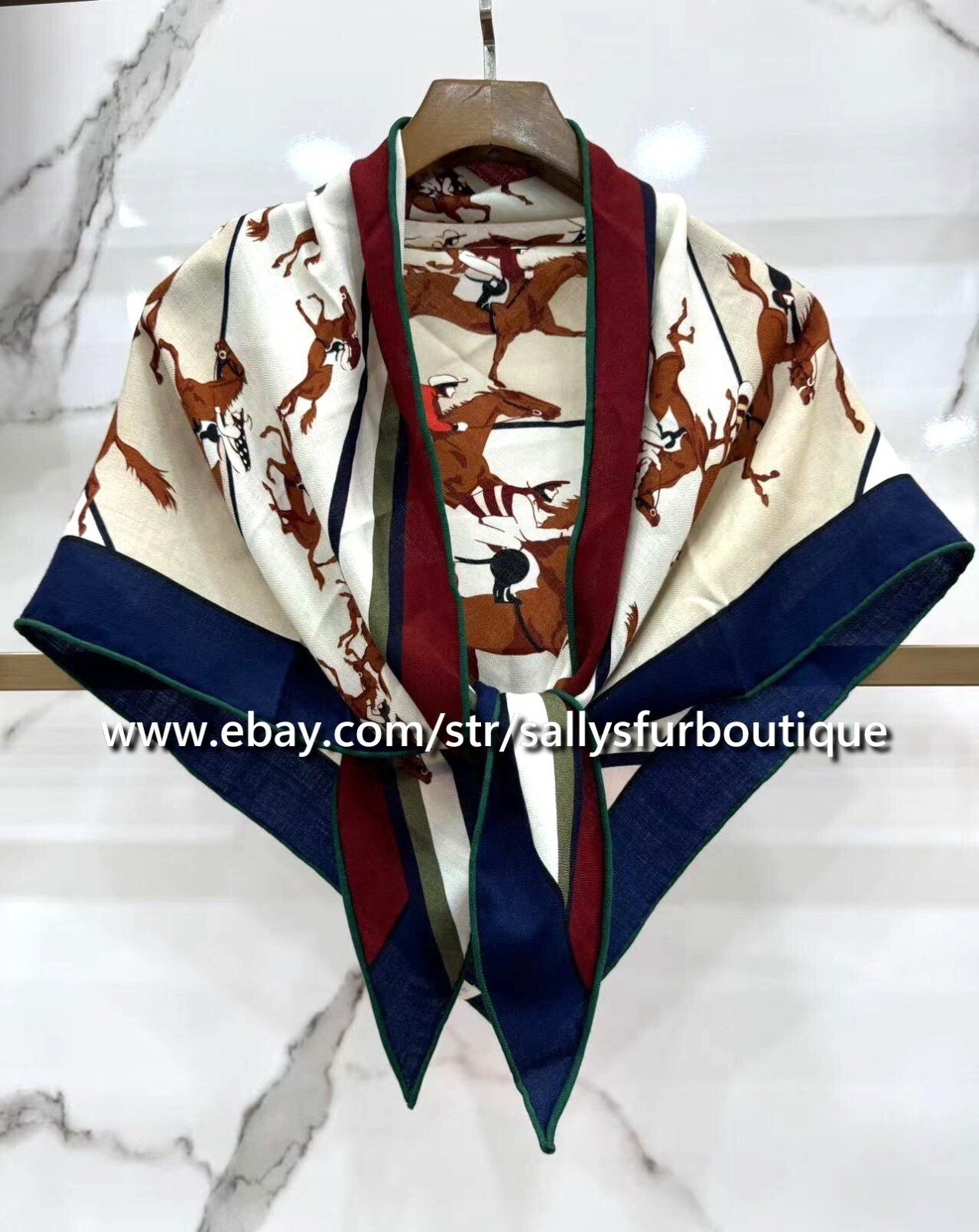 Sallys 70% Cashmere 30% Silk Triangle Shawl with Horses Print 150x96cm