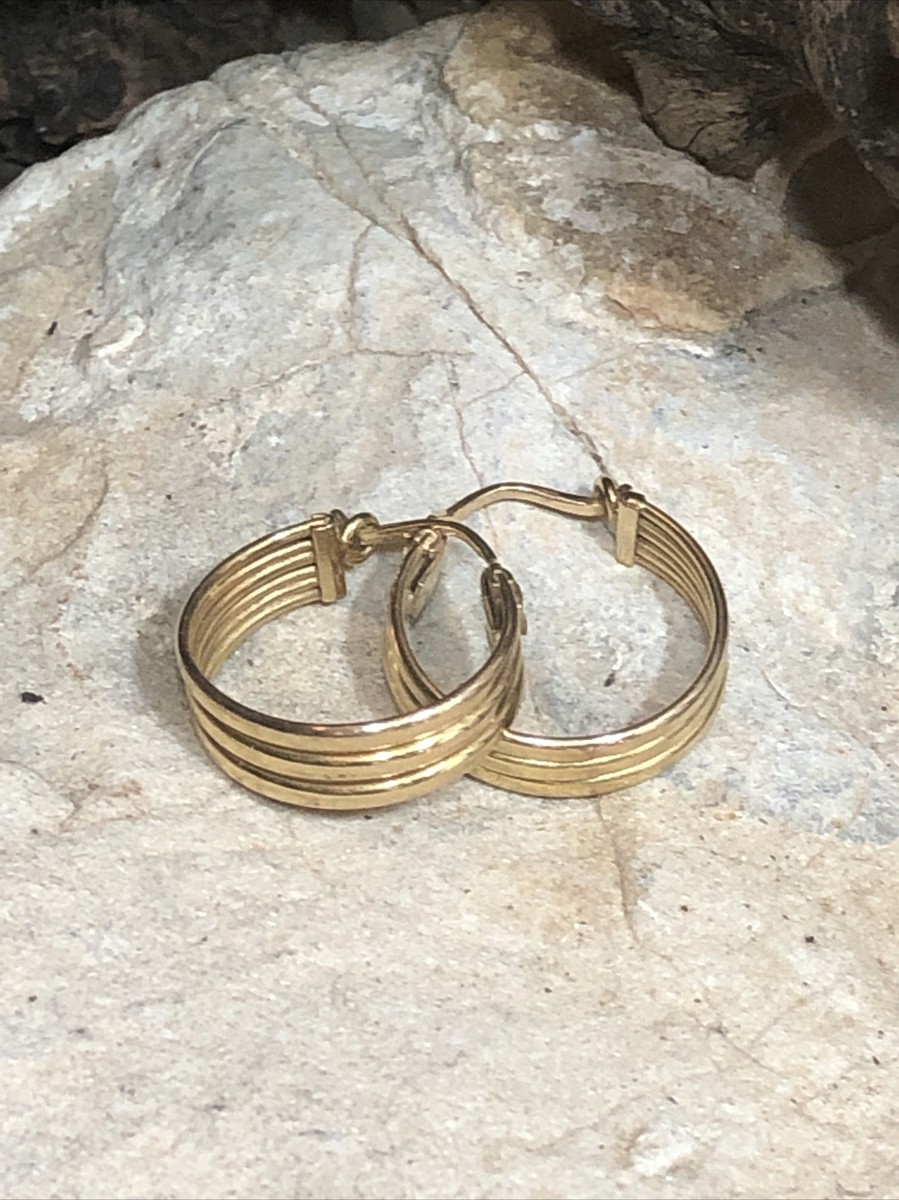 Classic 585 14K Yellow Gold Three Row Hoop Earrings UK