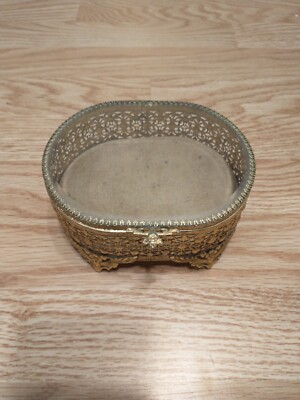 Vintage Gold Plated Jewelry Casket Stylebuilt Accessories Beveled Glass Top 