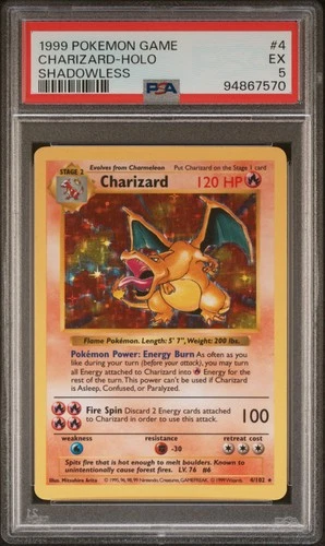 1999 POKEMON GAME SHADOWLESS #4 CHARIZARD-HOLO PSA 5