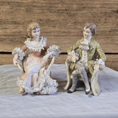 Porcelain Pair Victorian Style People Figurines Hand Painted Matte 6 in