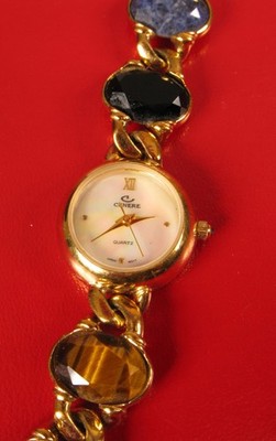 FABULOUS DESIGNER SIGNED CENERE 23K GOLD PLATED LADIES GEMSTONE QUARTZ WATCH !!