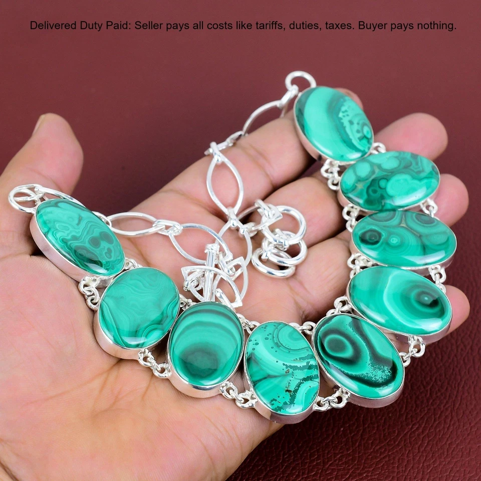 Venta de Navidad 925 Plata Ovalada Malaquita Piedra Cadena Hija Collar Joyería Foto 4 de 4