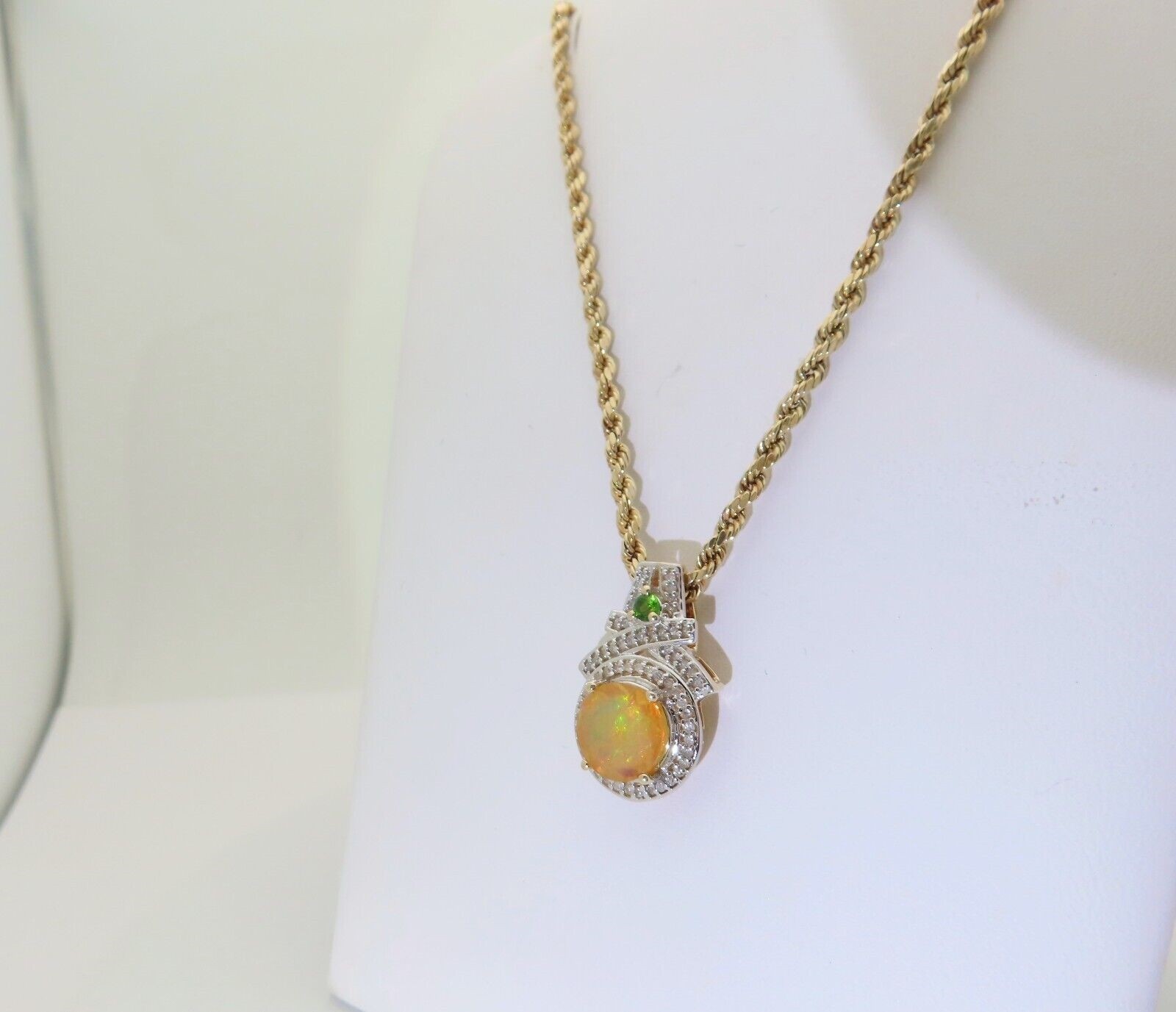 Opal Diamond Necklace Solid Gold Emerald Orange L… - image 2