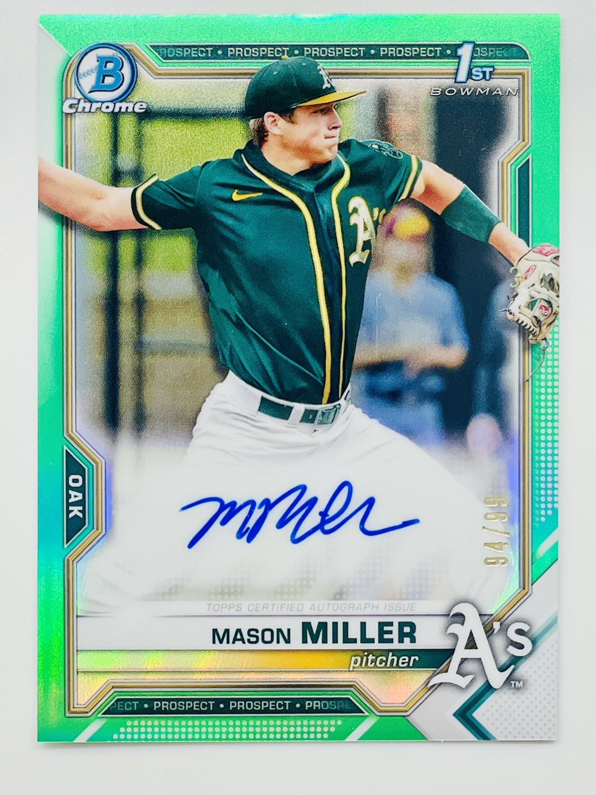 MASON MILLER /99 ROOKIE AUTO 2021 1st Bowman Chrome Draft Green Refractor