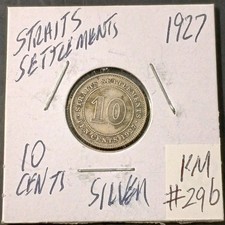 1927 Straits Settlements 10 Cents Silver Coin  (KM.#29b)
