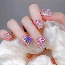 24 Pcs Short Heart Gem Press-On Nails 
