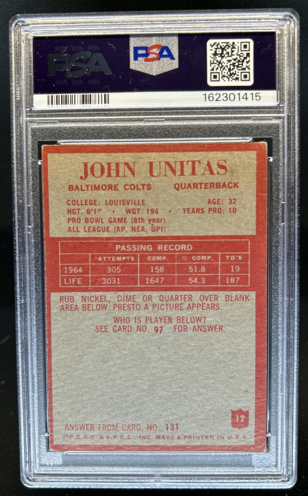 1965 Philadelphia John Johnny Unitas Auto Autograph #12 PSA 2 Auto 9 Colts view 2