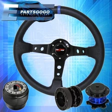 Deep Dish Black Steering Wheel + Quick Release + Hub Extender For 88-91 Civic