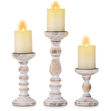 Inweder Wooden Pillar Candle Holder: Rustic White Candle Stand Wood Distresse...