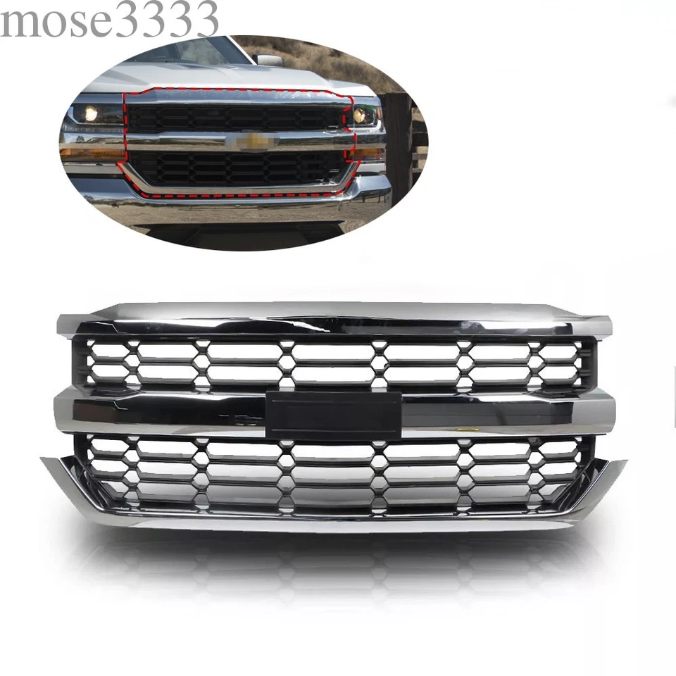 Front Upper Grille Grill Chrome For 2016 2017 2018 Chevrolet Silverado 1500 Foto 2 de 4