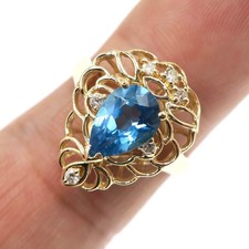 14k Solid Yellow Gold Natural Blue Topaz and Diamond Open-Work Ring Size 7.25