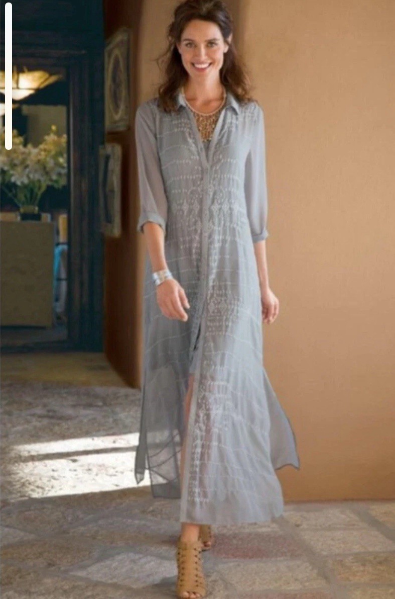 Soft Surroundings 2 Piece Womens Ibiza Dress XS Gray Embroidered Maxi Boho Sheer