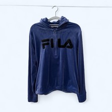 FILA Women s Marlin Blue Soft Velour Logo Quarter Zip Hoodie Jacket Medium