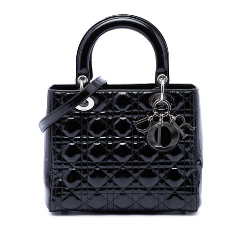 Dior Medium Patent Cannage Lady Pre-Loved Satchel Black