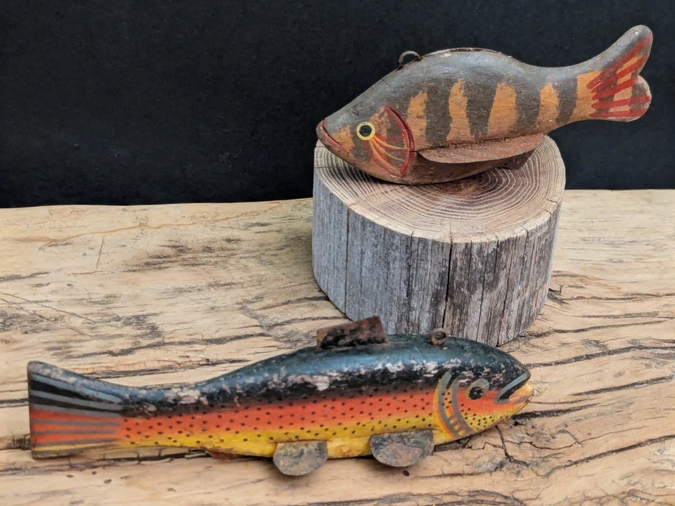 Lot of 2 Carved Ice Spear Fishing Lure Decoys Sunfish, Rainbow Trout Great Lakes - Image 3 of 4