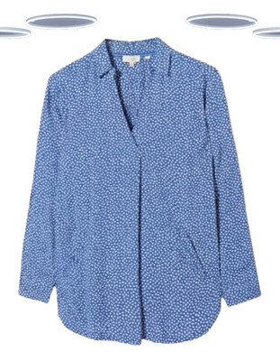 Ex Fat Face Damen Longline Bluse - Langarm Ditsy Floral Blau (Defekt)