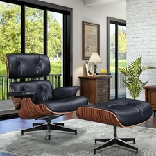 Large eames-style Lounge chair With ottoman Aniline Leather Light Rosewood Black