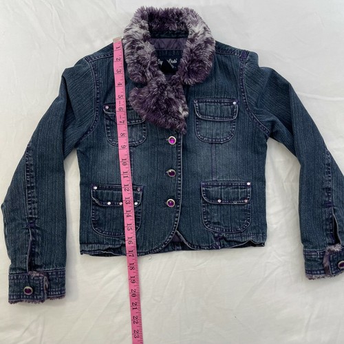 Squeeze Girls Jeans Jacket Denim Size M 10 Purple Faux Fur Collar Jewel Buttons - Picture 7 of 11