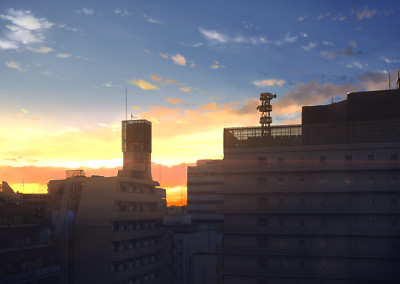 Anime city sunset clouds sky Playmat Gaming Mat Desk