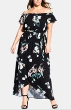 City Chic Women's Plus Size 14W Lotus Tie Floral Off Shoulder Maxi Dress, Black