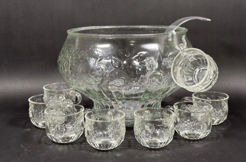 Vintage Jeanette Glass Co. Crystal/Fruits 8 1/2 Qt. Punch Bowl Set - Picture 2 of 13