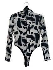 Bodysuit Turtle Neck Women's Black White Long Sleeve Animal Print Size Large