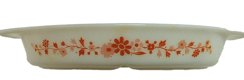 Pyrex 1965 Promotional Orange Floral 1 1/2 Qt Oval Divided Dish w/Cradle S9212 - Picture 2 of 12