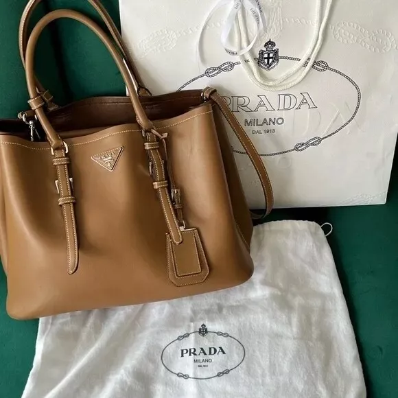 Large PRADA City Calf Double Bag in Caramel, EXCELLENT CONDITION + Dust Bag