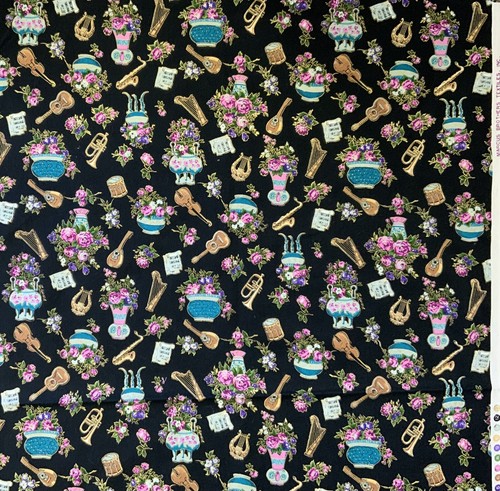 Marcus Brothers Flowers & Music Black & Gold Cotton Fabric 2 Yards