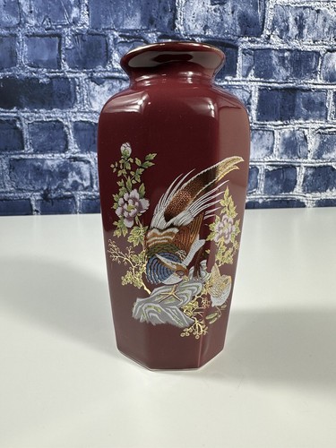 Vintage Hand Painted Gold Accent Birds & Flowers Nagoya Japan Maroon Vase