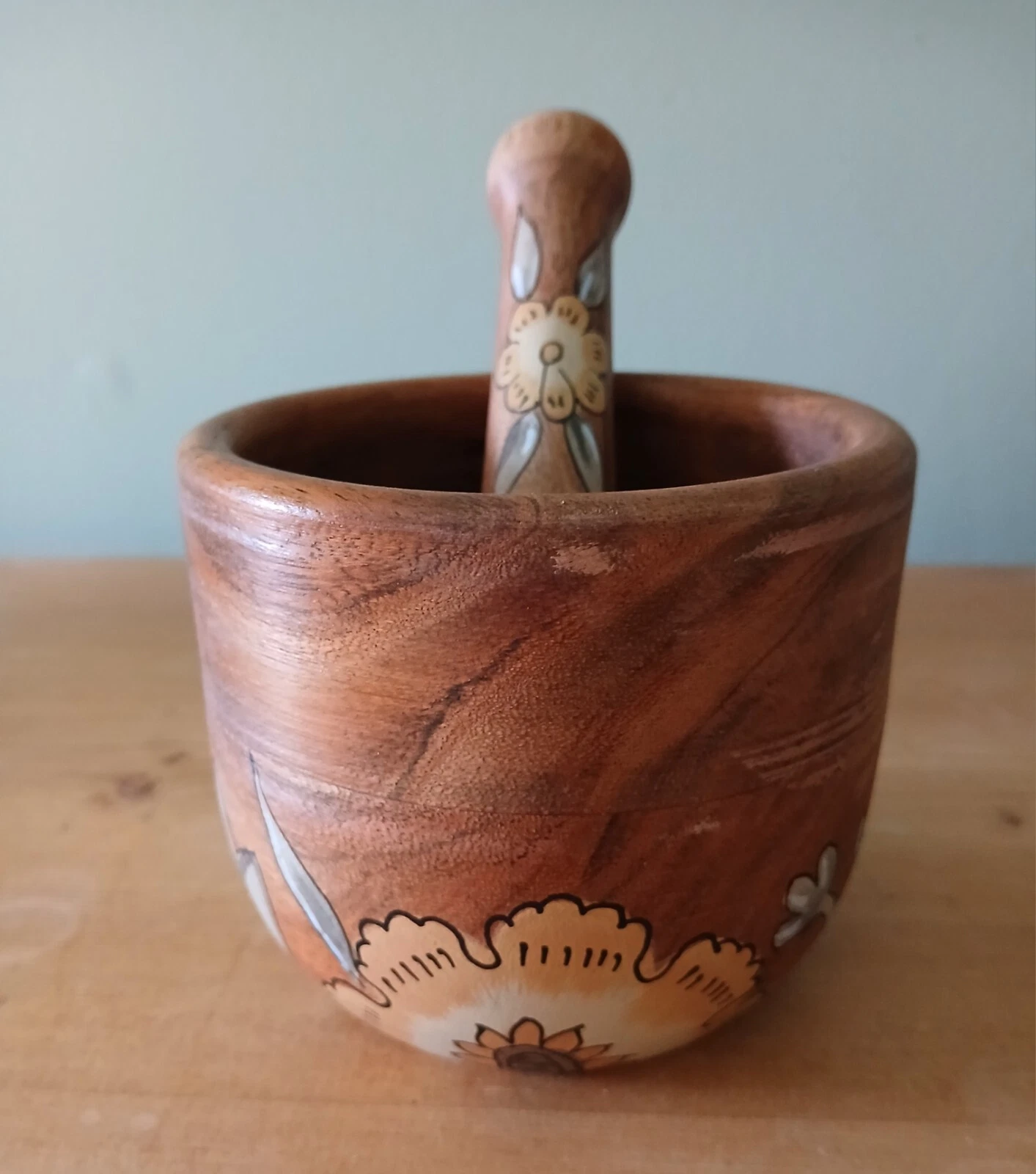 Vintage Wood Mortar And Pestle Beautifully Painted Unique