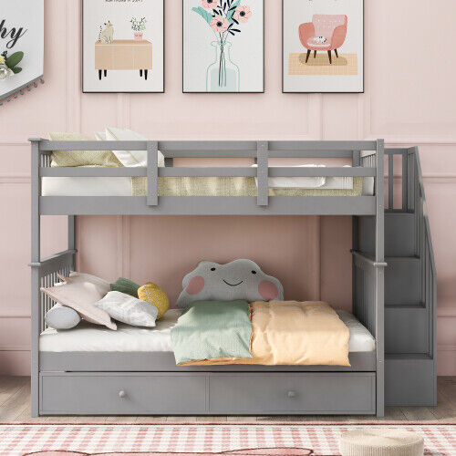 Full Over Full Bunk Bed w/ Trundle and Staircase Storage Shelves