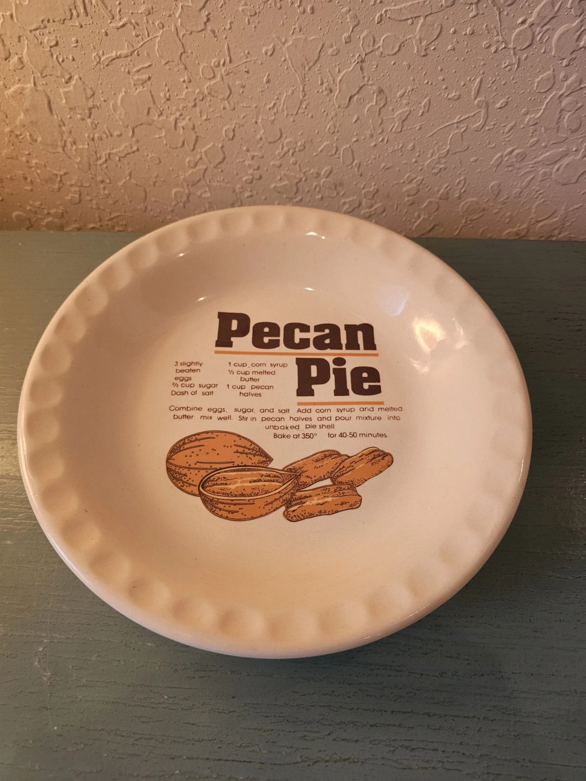 Vintage Ceramic Pecan Pie Recipe Pie Dish W/Scalloped Edge