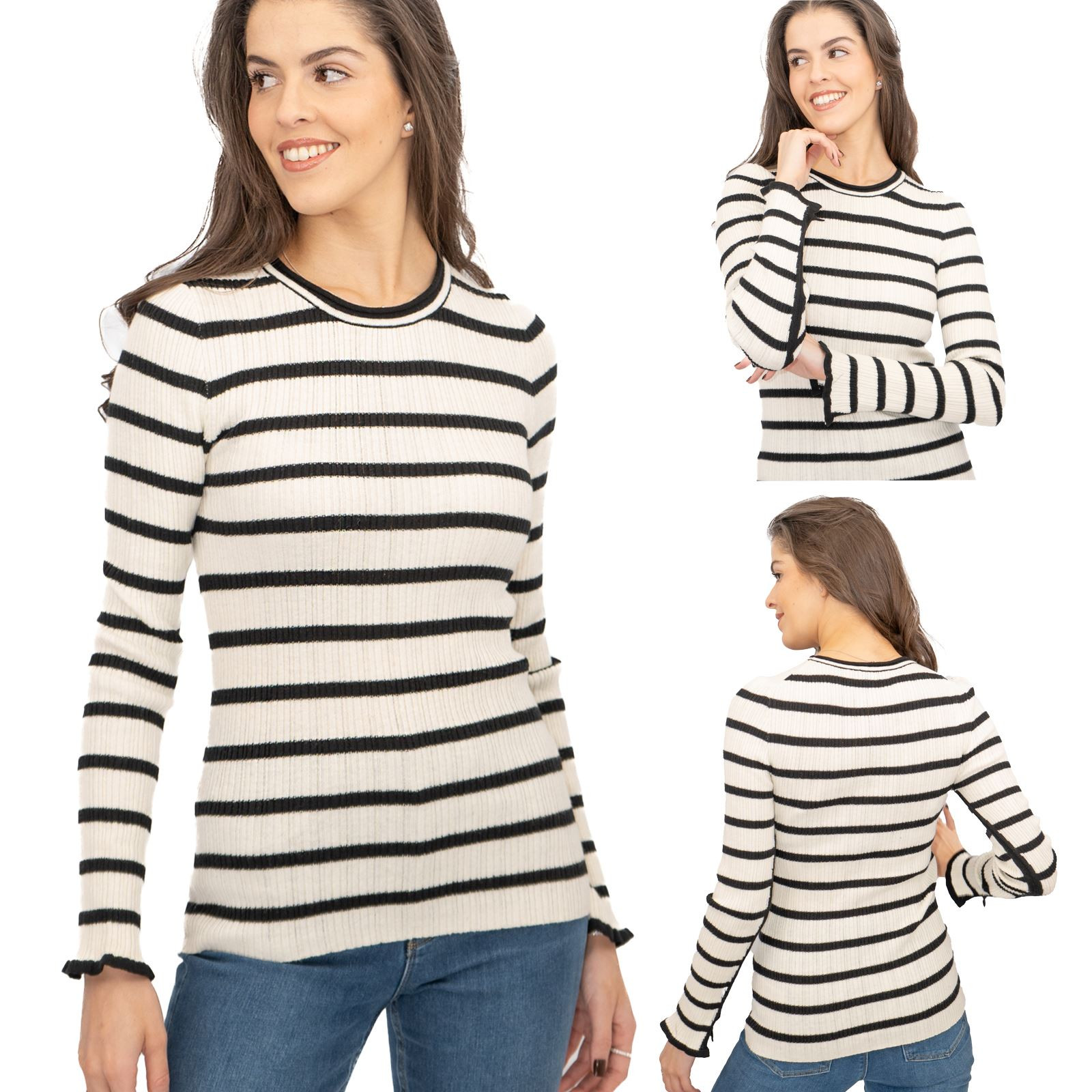 Nobodys Child Jumper White Black Striped Ribbed Wool Blend Top RRP £69