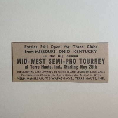Mid-West Semi-Pro Tourney Terre Haute Tourney 1939 Sporting News Baseball 2X4 Ad
