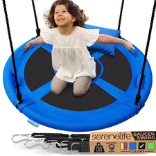 SereneLife 40in Saucer Swing w/ Hang Kit,  Handles & Pillow Indoor/Outdoor -Blue