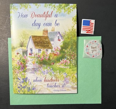 Cottage Garden Scene THANK YOU Card w/Green Env/Seal/Stamp