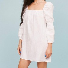 Reformation Jerri Linen Dress square neck mini white long sleeve puff a-line