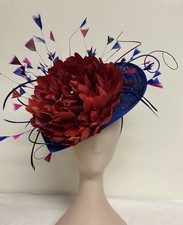 Blue / Red Ascot Kentucky Derby Fascinator Hat w/ Feathers and Large Red Flower