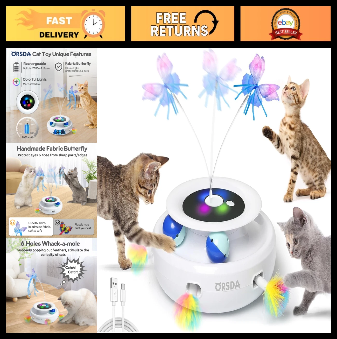 3-in-1 Automatic Cat Toy - Interactive Feather & Butterfly, USB Rechargeable, In